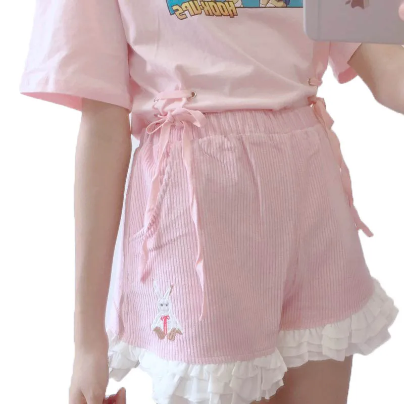 Лето Осень шорты для девочек с кроликом и вышивкой милые детские Kawaii женщин