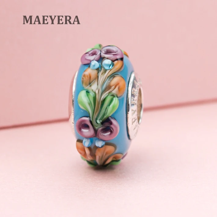 MAEYERA Подлинная 925 пробы Серебряная лампворк стеклянная бусина Небесно-Голубой Райский цветок Шарм подарок DIY Ювелирные изделия 920154