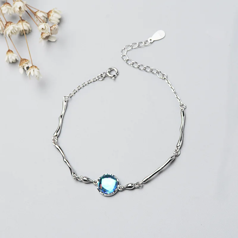 Браслет из серебра 925 пробы с синим цирконием женская мода корейский простой