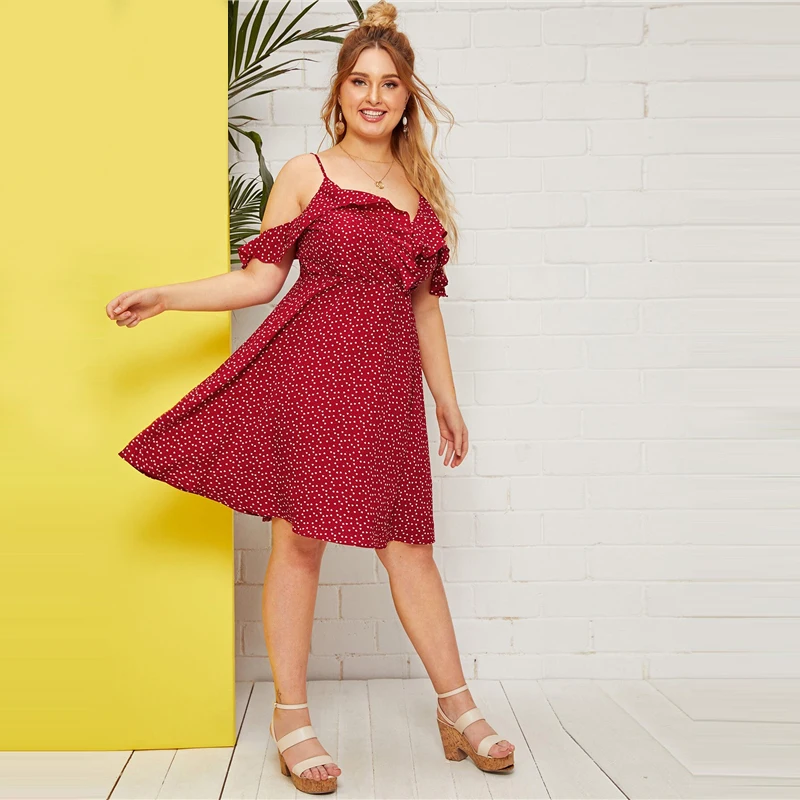 SHEIN, платье трапециевидной формы размера плюс с оборками и открытыми плечами, с принтом в виде конфетти и сердца,, женские летние платья с высокой талией в стиле бохо