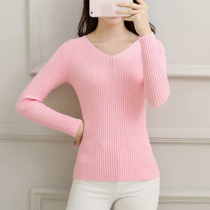 Elasticity Soft Women Sweater Autumn Pullovers Knitted Sweaters V Neck Sexy Slim Knit Coat Female Blouse Winter Knitwear | Женская
