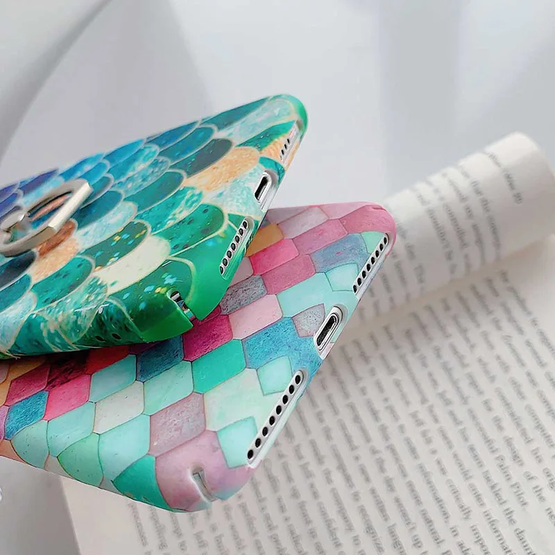 Boucho Colorful Ainbow Mermaid Scales Pattern Case For Apple iphone XS MAX XR X 7 8 plus 6 6s Phone With Finger Ring |
