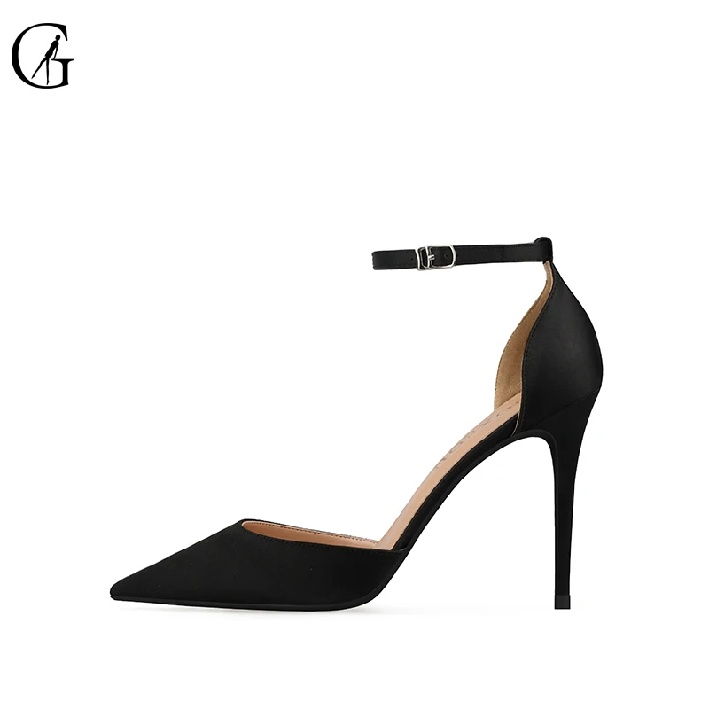 GOXEOU Women's Pumps Satin Ankle Strap D'Orsay Pointed Toe High Heels Party Sexy Nightclub Fashion Office Lady Shoes Size 32-46