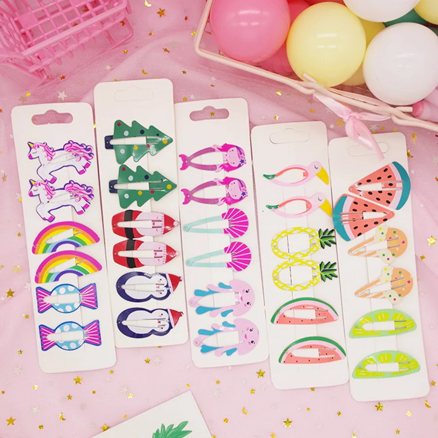 DHL 1000sets 2-6pcs/set Headwear Flamingo Pineapple Fruit Hairpins Cartoon Mermaid Horse Rainbow Hair Clip | Детская одежда и