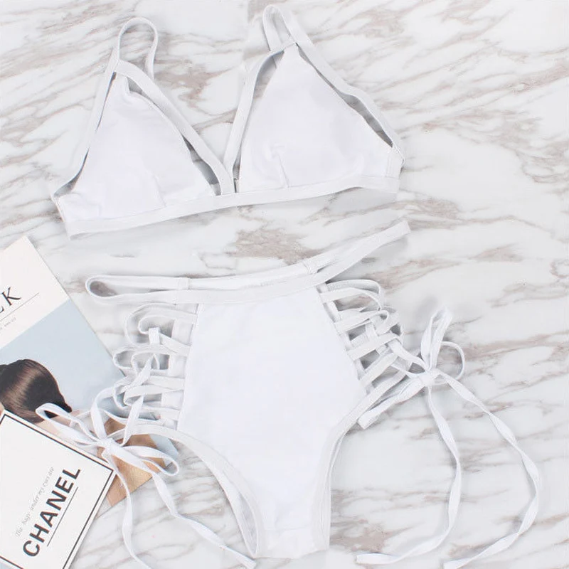Sexy Womens Padded Triangle Bra lace up Bikini Set Bandage High Wasit Buttons Beach Swimsuit Bathing Suit Swimwear Beachwear | Женская