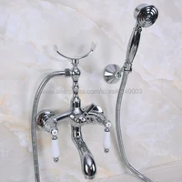 polished chrome bath shower faucet set dual knobs wall mounted bathtub mixers with handshower swive tub spout kna247