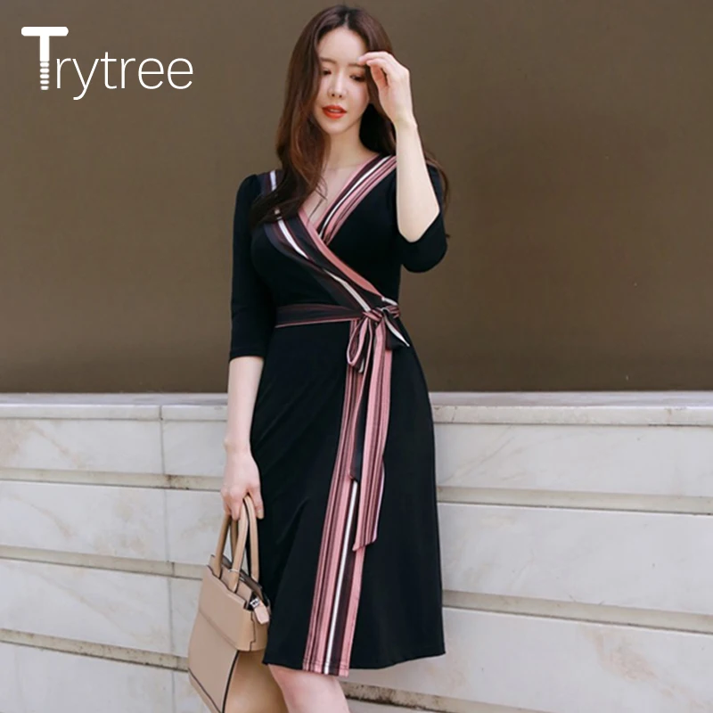 Trytree, летнее, осеннее платье, женское, повседневное,, рубашка, полиэстер, черное, а-силуэт, половина рукава, платья, черное, шифоновое платье, kyliejenner