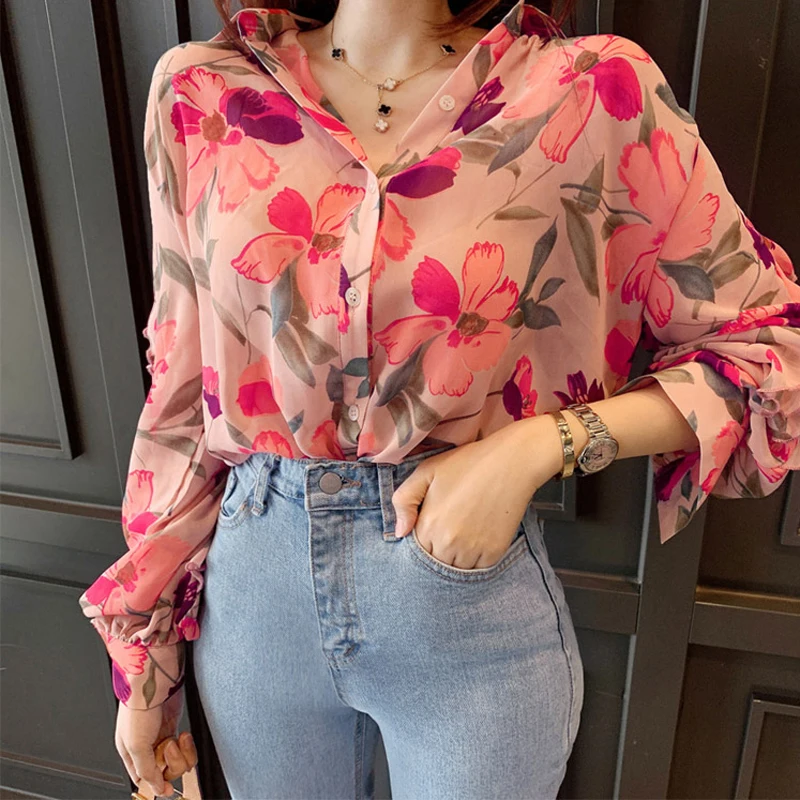 Блузка женская шифоновая с V-образным вырезом и цветочным принтом винтажная