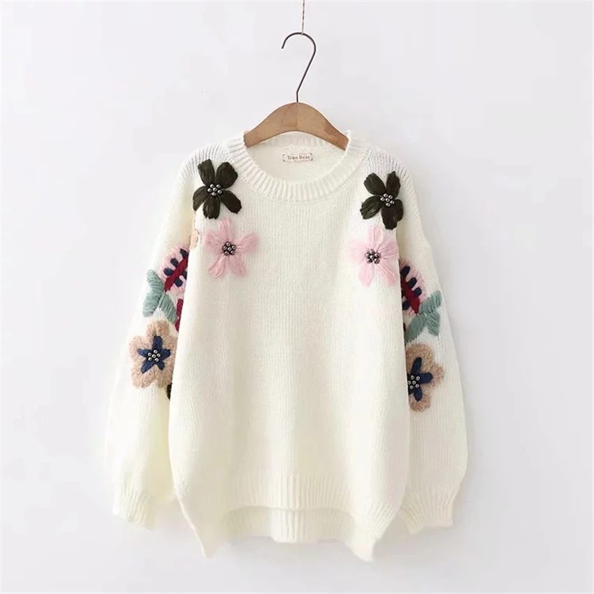Женский свитер с круглым вырезом Pull Hiver Femme модный теплый пуловер цветочным