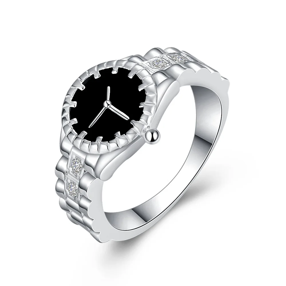 Watch shape Rings for Women Cubic Zirconia Black Ring Female Silver Color Fashion Jewelry Decorating Dropshipping 925 stamp