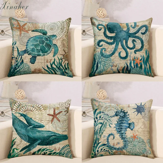 

XINAHER Sea Turtle Printed Cotton Linen Cushion Cover Marine Ocean Sea Horse Home Decor Pillowcase Octopus Sofa Cushion Case