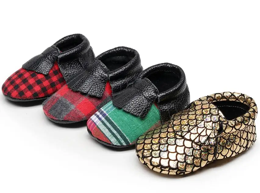 

New customs gold Sequins stripe Genuine Leather Baby moccasins tassel First Walkers Soft sole Baby boys and Girls baby shoes