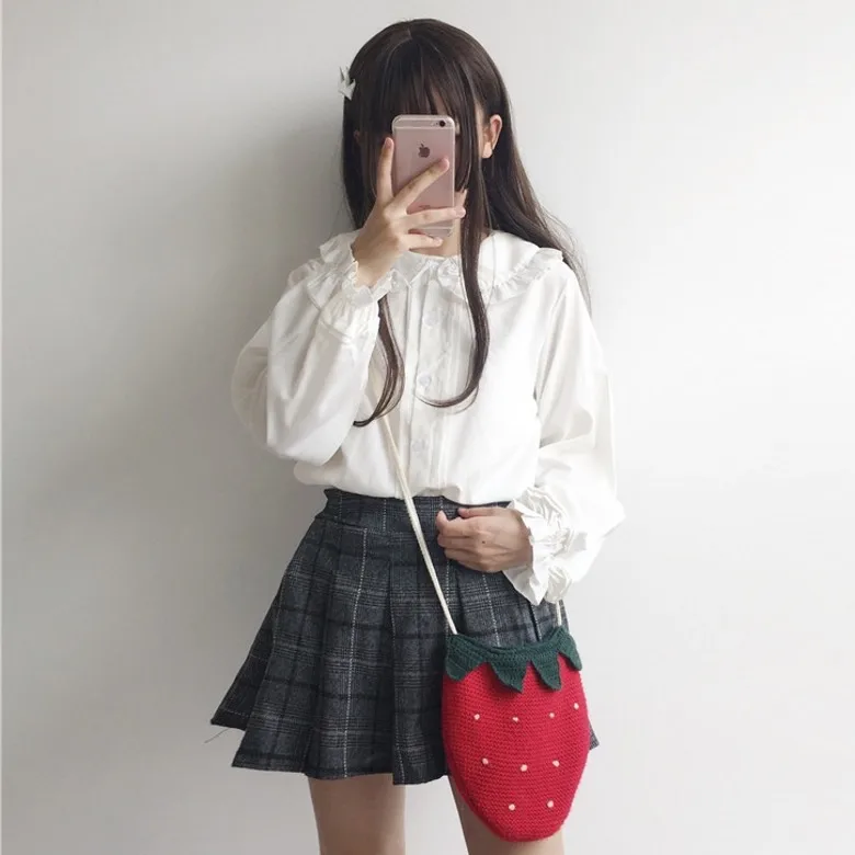 long sleeve KYQIAO девушки белая рубашка Мори девушки Лето Япония стиль короткий рукав Питер Пэн воротник сплошной блузка Лолита черная рубашка Топ - Цвет: long sleeve