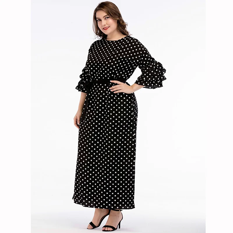 Женское длинное платье Boho осеннее большого размера с принтом в горошек черное