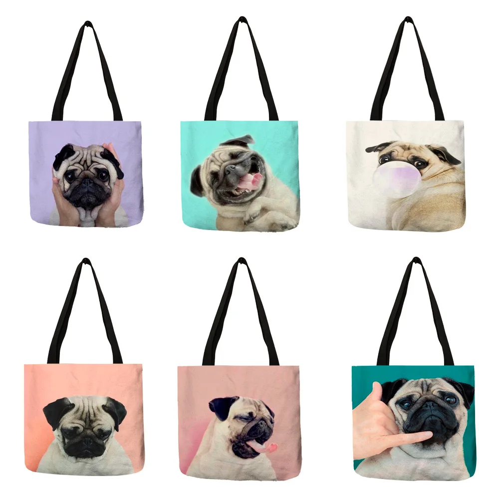 

Personalized Simple Pug Dog 3D Printed Pink Purple Handbag for Women Girls Soft College Tote Bag High Quality Linen Shoulder Bag