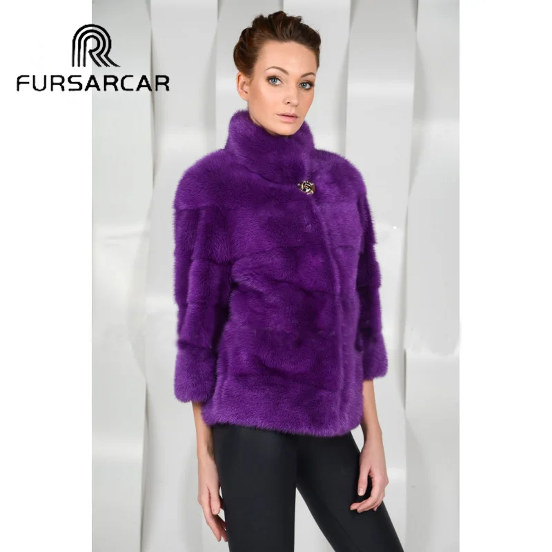 Женская Шуба из натуральной норки FURSARCAR фиолетовая теплая Короткая Меховая