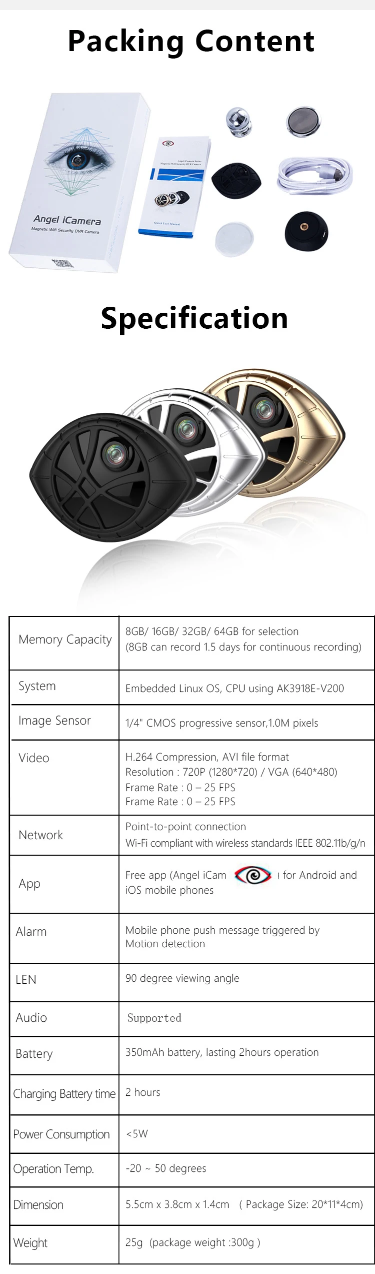 AI-338G Золотой Супер Мини Портативный магнитный WiFi безопасности DVR камера для велосипеда Велоспорт Йога запись