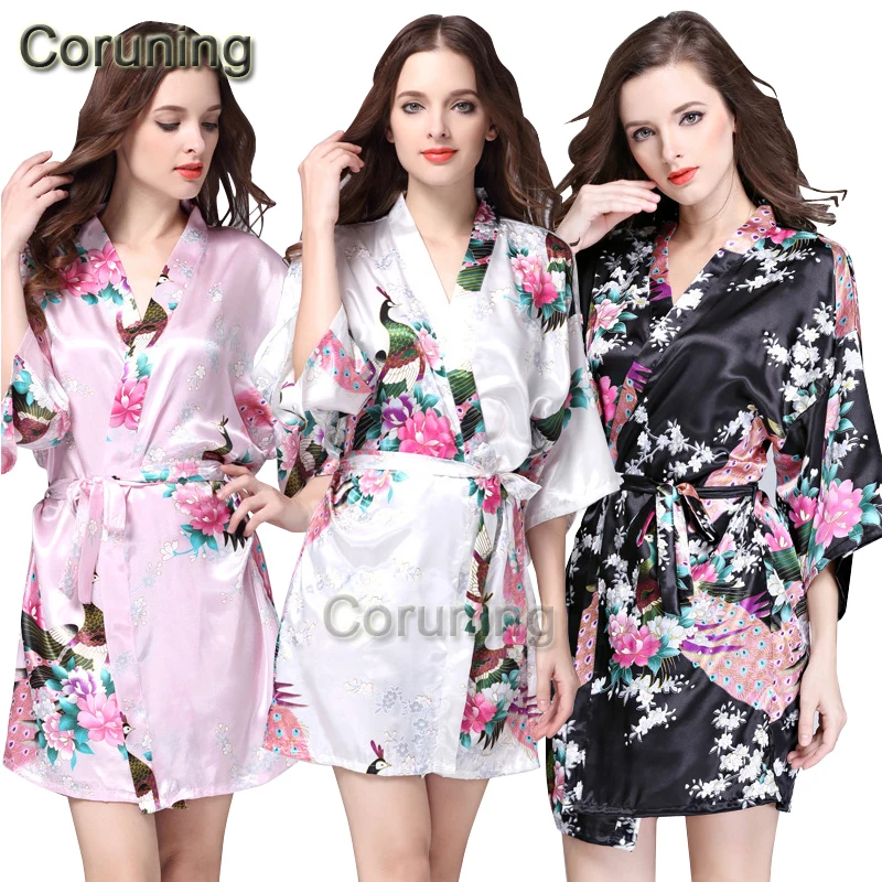 Короткое Стильное женское шелковое кимоно RB008 с принтом павлина халат для