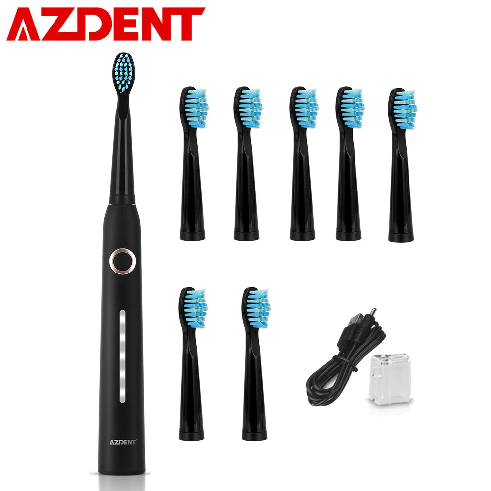 AZDENT, 5 режимов, звуковая электрическая зубная щетка, AZ-9 Pro для взрослых с таймером, щетка, USB зарядное устройство, перезаряжаемая зубная щетка, 8 шт., сменные головки