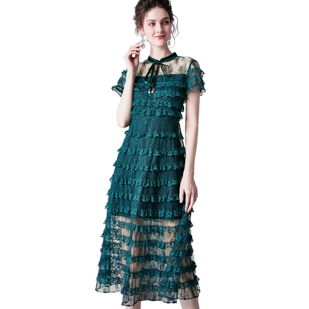 Европейская мода сетчатые сшитые кружева черное прозрачное женское летнее