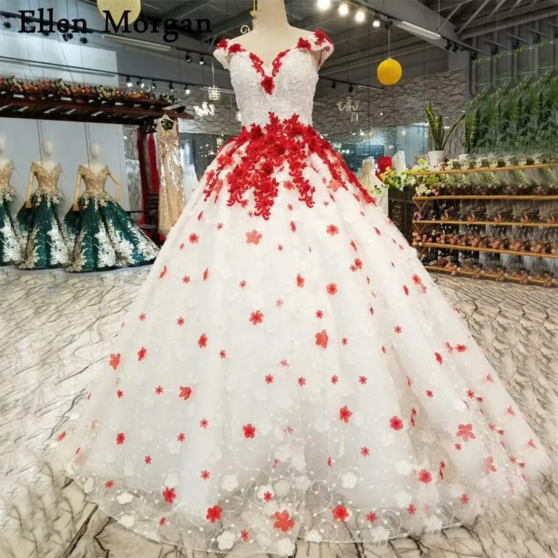 

Кружевные бальные платья цвета слоновой кости, свадебные платья с красными 3D цветами, реальные фотографии, бальные платья длиной до пола с в...