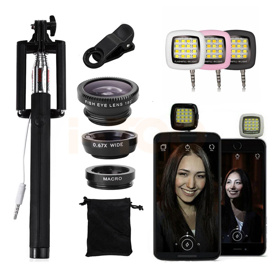 2017 Fish eye Macro Wide Angle Lens Microscope Selfie Flash Light Stick Monopod For Smartphone Cell Phone Camera lentes|angle lens|wide angle
