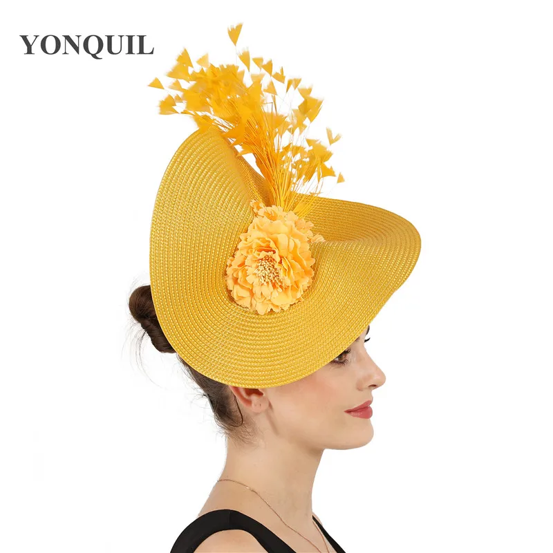 Белый желтый Большие Дерби Перья для волос аксессуары Fascinator невесты Головные