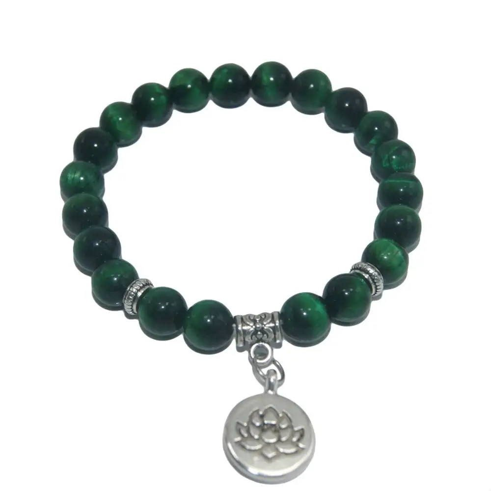 Green tiger eye Бусы из натурального камня лотоса Будды аметисты Агаты лазурит тигровый глаз бирюза браслет для женщин мужчин Йога браслет Femme - Окраска металла: Green tiger eye