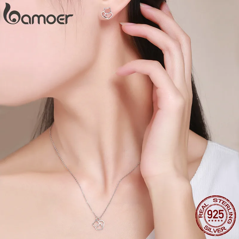 BAMOER, 925 пробы, серебряный, милый, кошечка, женский ювелирный набор, ожерелье, серьги, ювелирный набор, Стерлинговое Серебро, ювелирное изделие, подарок
