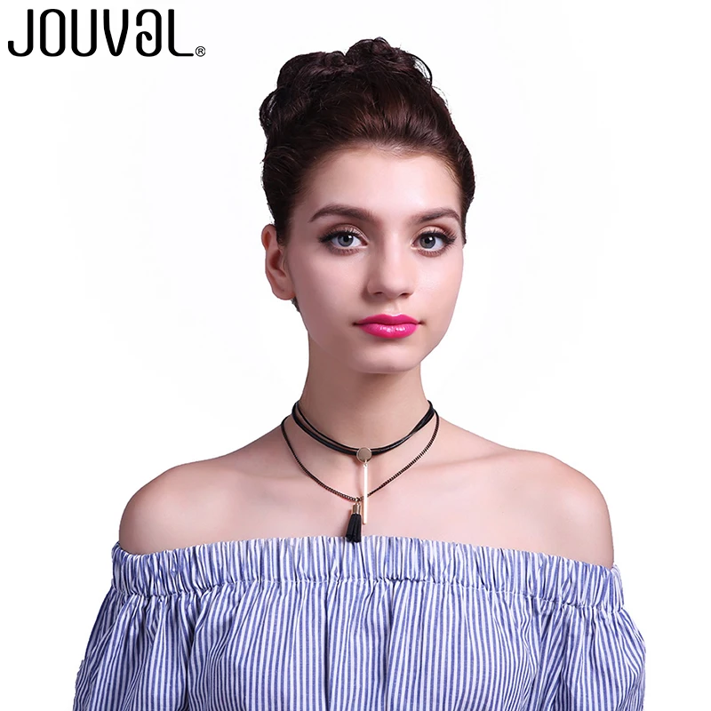 Женское многослойное колье-чокер JOUVAL черная цепочка из кожи Массивное