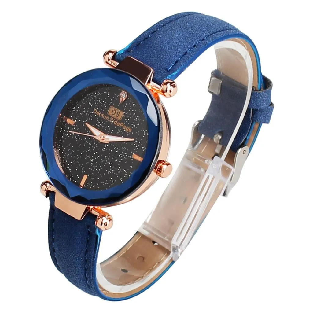 Blue Изысканные женские часы Звездное небо женские кожаные кварцевые наручные часы Элегантные женские часы с браслетом часы Montre Femme - Цвет: Blue
