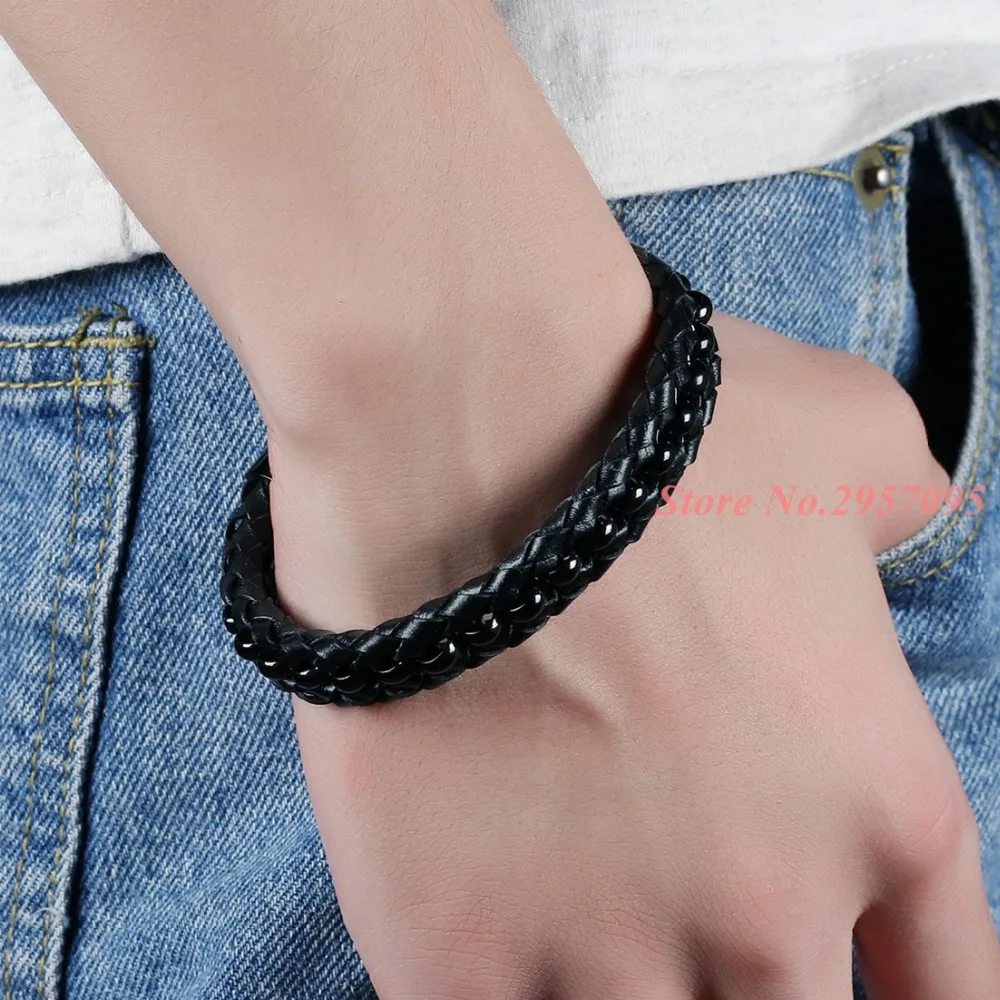 Genuine Leather Braided Mens Bracelets Bangles Highly Polished Black Stainless Steel Magnetic Best Friend Gift | Украшения и