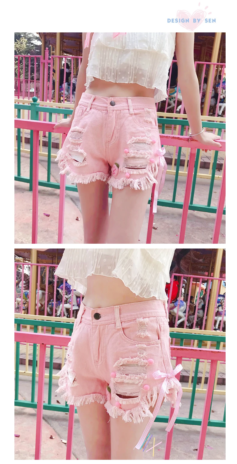 Летние джинсовые шорты Kawaii Junior, женские корейские шорты с дырочками, розовые, белые джинсы с бантом, Женские повседневные шорты с дырками