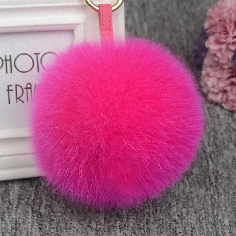 

11cm Luxury Fluffy Real Fox Fur Ball PomPom 12 Colors Genuine Fur Keychain Metal Ring Pendant Bag Charm Fo-K045-rose