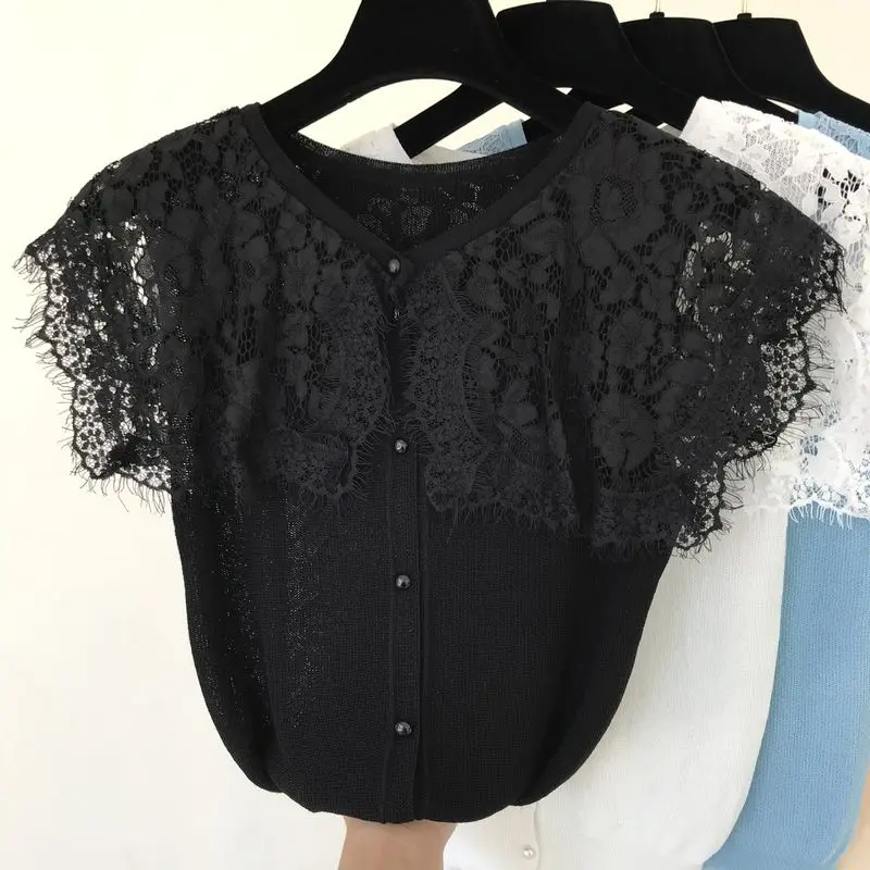 ALPHALMODA 2019 Summer New Women's Knit Lace Collar Cardigans Single Breasted Patchwork Ladies Sweet Casual Outfit |