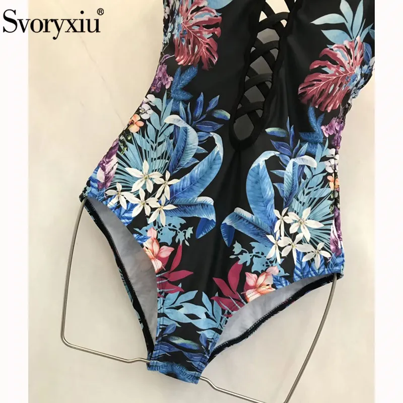 Женское пляжное боди Svoryxiu черный купальный костюм с вырезами и цветочным принтом