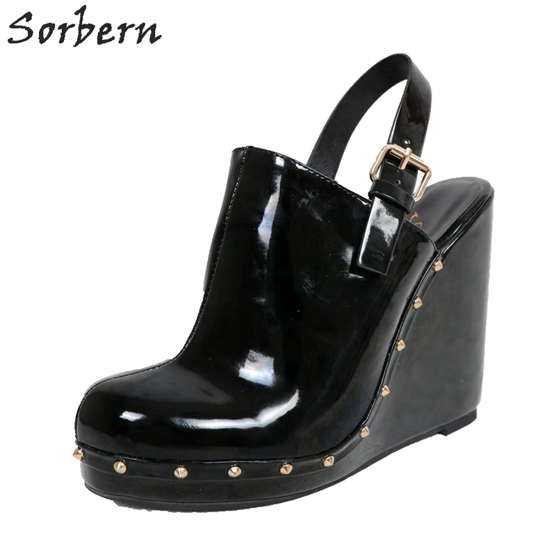 

Sorbern Black Ladies Pump Studs Mules Women Slingbacks Rivets Custom Color Wedge High Heel Platform Pointed Toes Plus Size 5-15