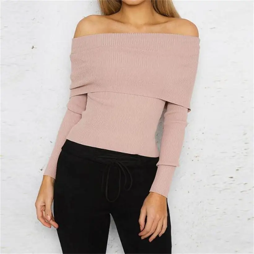 

2019 new hot sale women's spring autumn sexy slash neck ruffles knitted sweaters women Off-the-shoulder ruffled sweater shirt