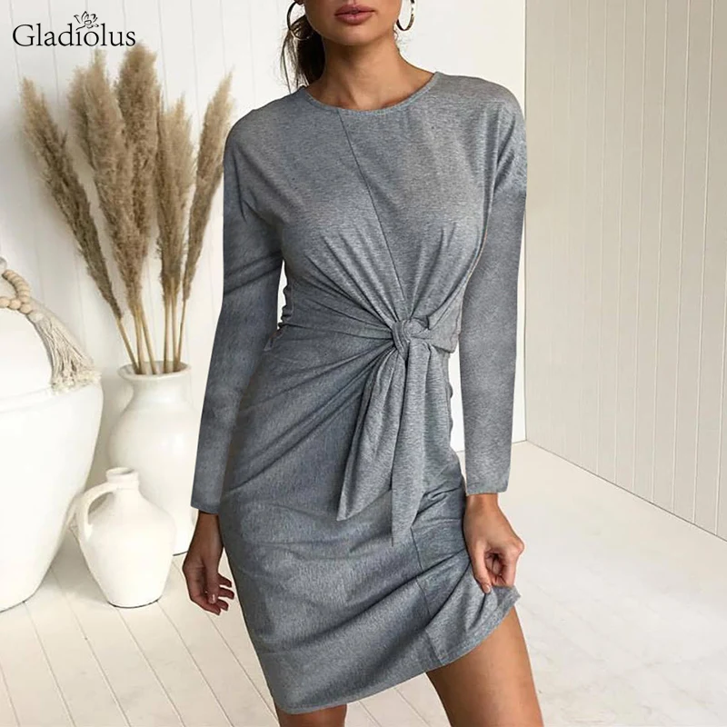 Gladiolus 2018 Осень Зима Женское платье с круглым вырезом и длинным рукавом спереди