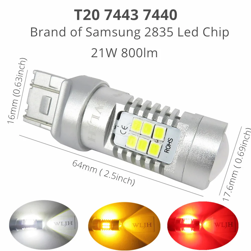 WLJH 2x T20 7443 7440 светодиодный фонарь 21 Вт 800LM 2835 SMD линзы для автомобиля DRL дневные ходовые огни стояночный задний тормозной светильник сигнальная лампа поворота