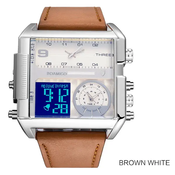 new brown white Новые Брендовые мужские часы BOAMIGO, водонепроницаемые, 3 часовых пояса, большие мужские модные часы, кожаные кварцевые мужские наручные часы, мужские часы - Цвет: new brown white