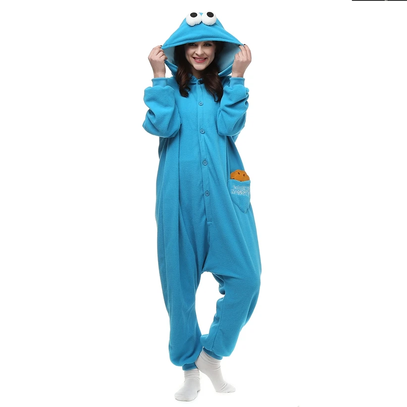 Adults Polar Fleece Kigurumi Cookie Monster Women Cosplay Costume Men Animal Onesies Pajamas Halloween Carnival Party Jumpsuit