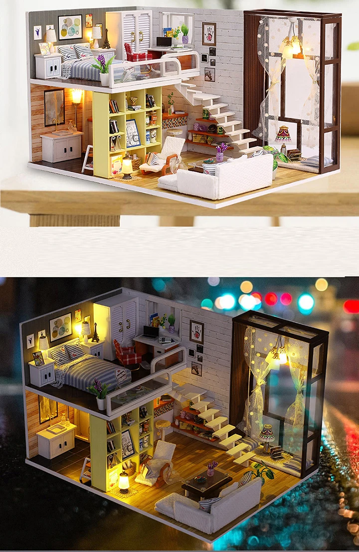 Сборный DIY игрушечный деревянный дом, деревянный миниатюрный кукольный домик, миниатюрные кукольные домики, игрушки с мебели, светодиодный светильник, подарок на день рождения