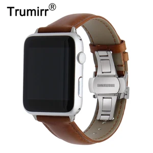 Ремешок итальянский из натуральной кожи для iWatch, стальной браслет с застежкой-бабочкой для Apple Watch 7 SE 6 5 4 3 2 1 38 мм 40 мм 41 мм 42 мм 44 мм 45 мм