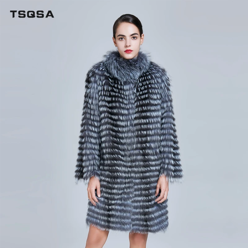 TSQSA Женщины Настоящее Silver Fox Шубы Натуральный Мех Зимняя Мода Полосатые Куртки