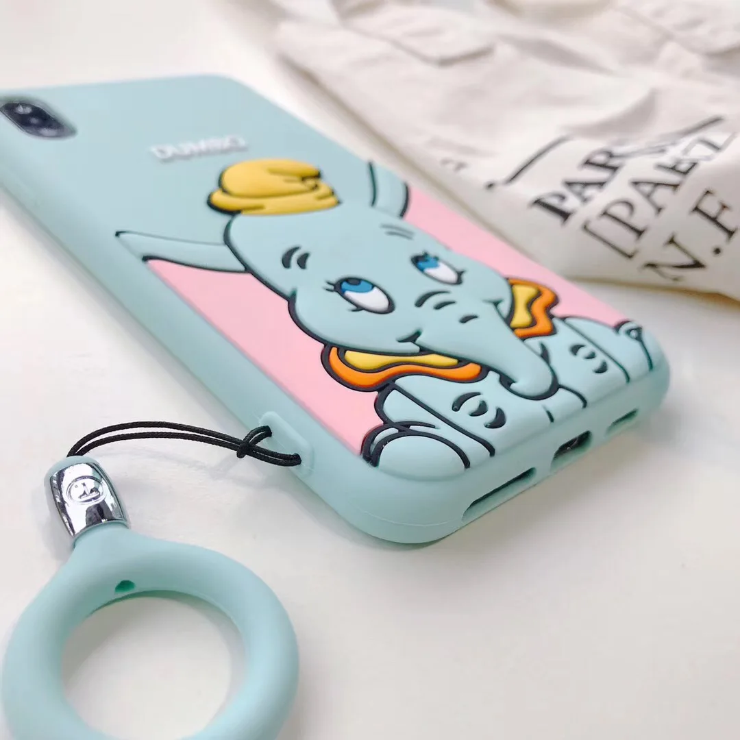 Dumbo Cute Pink Elephant Soft silicone ring Lanyard Phone Case For iPhone X XS Max Xr 7 8 6 6s Plus Cover Fundas |