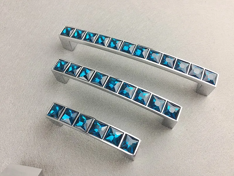 Crystal Glass Peacock Blue Handle 3D Diamond Furniture Sliding Door Drawer Wardrobe Kitchen Cabinets Cupboard Dresser Pull Knobs