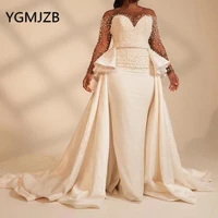 vestidos de novia 2019 mermaid wedding dresses with detachable train pearls long sleeves african women bridal gown bride dress