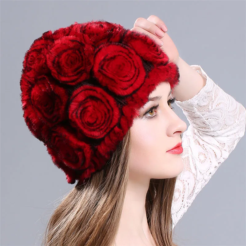 Цветочный Эластичный вязаный Настоящий мех кролика шапочки шапки женские