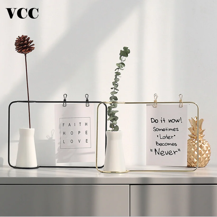 Продажа Скандинавская фоторамка кронштейн из кованого железа, креативная ваза для цветов, золотисто-черное украшение, фоторамка, настольное украше...